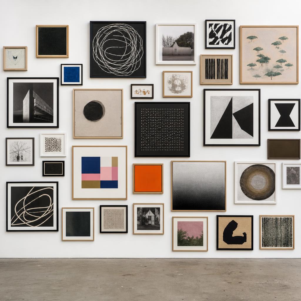 Salon-style gallery wall at West End Art Space filled with square paintings and photographs