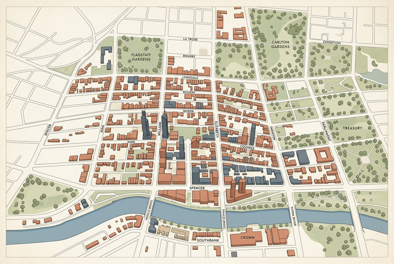 Melbourne CBD reimagined — a contemporary illustrated aerial view across the Yarra River, echoing the historic 1838 Hoddle Grid painting.